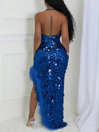 Sequin Halter Backless Feather Trim Dress