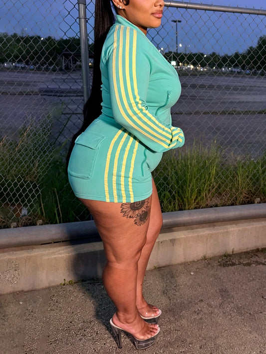 Color Block Zipper Jacket Shorts Set