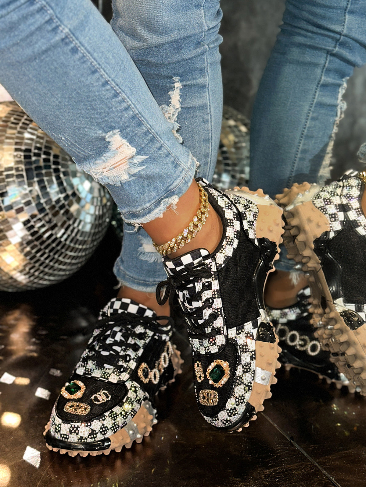 Rhinestone Mesh Chunky Sneakers