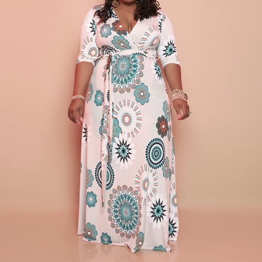 Vestido largo con estampado floral y cuello en V de talla grande