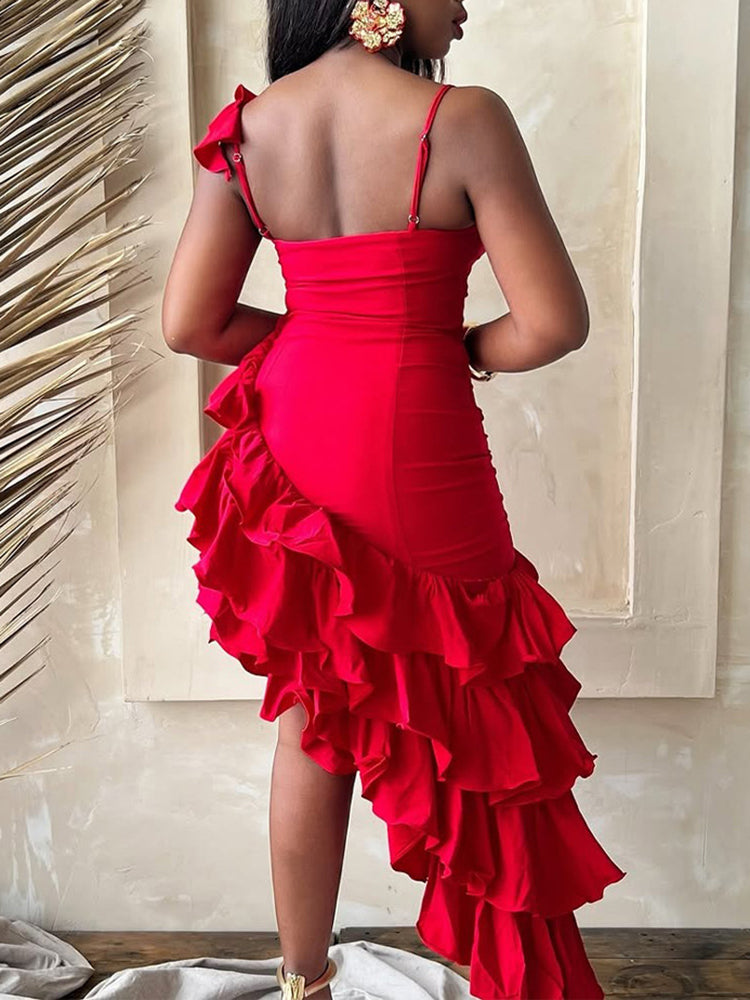 Ruffled Asymmetrical Ruched Cami Dress