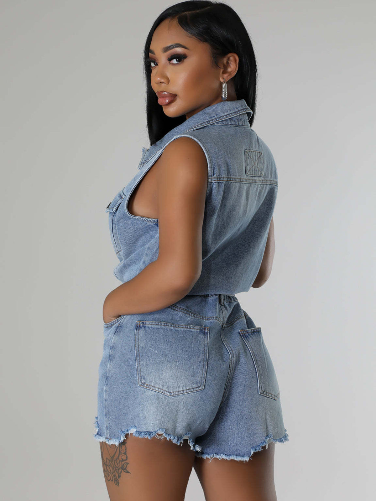 Sleeveless Denim Ripped Hem Short Jumpsuit