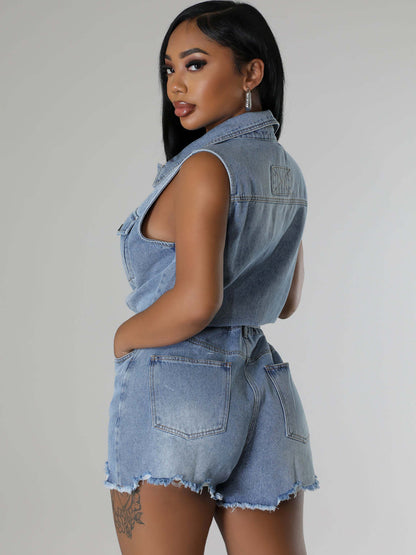 Sleeveless Denim Ripped Hem Short Jumpsuit