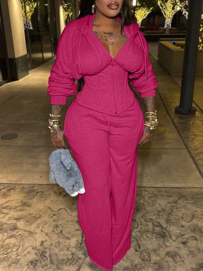 Zip-Up Hoodie Corset Waist Pants Set