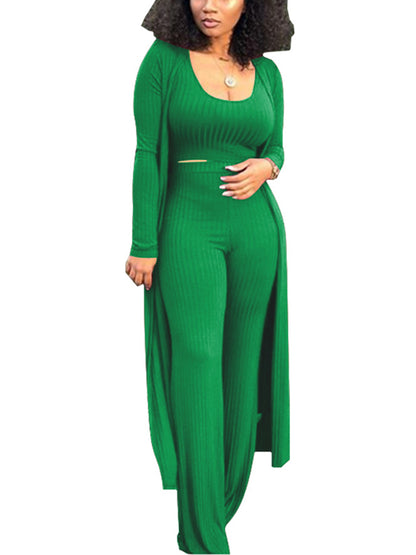 Conjunto de tres piezas Crop Top+Cárdigan largo tipo kimono+Pantalones
