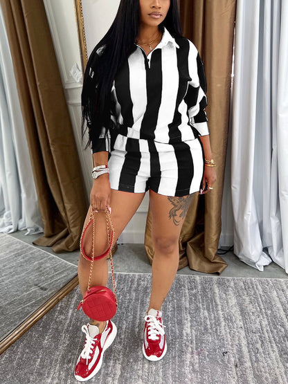 Striped Polo Crop Top Shorts Set