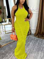 Cutout Halter Backless Ruched Maxi Dress