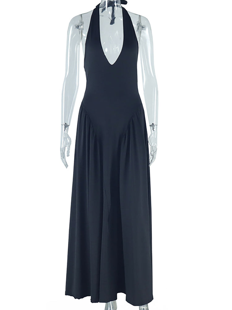 Elegant Halter Neck Solid Color Dress