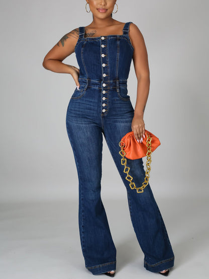 Button-Up Flared Denim Jumpsuit