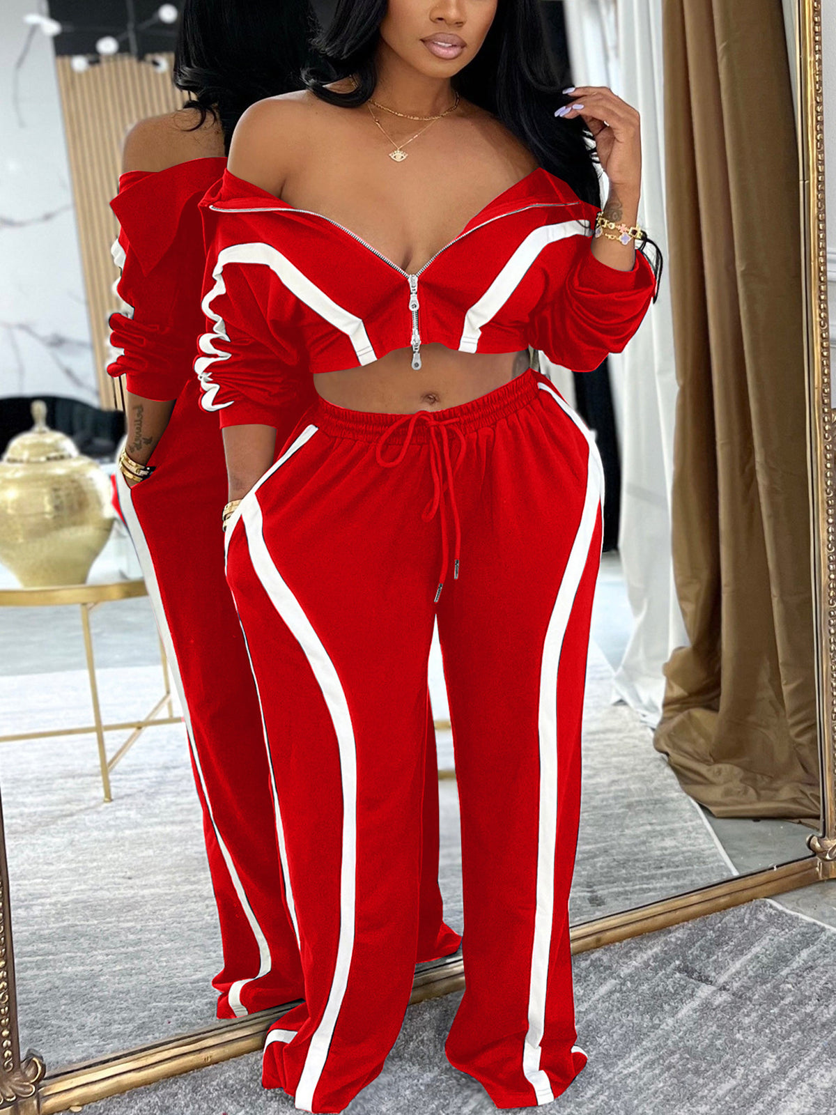 Color Block Stripe Zip Top Pants Set