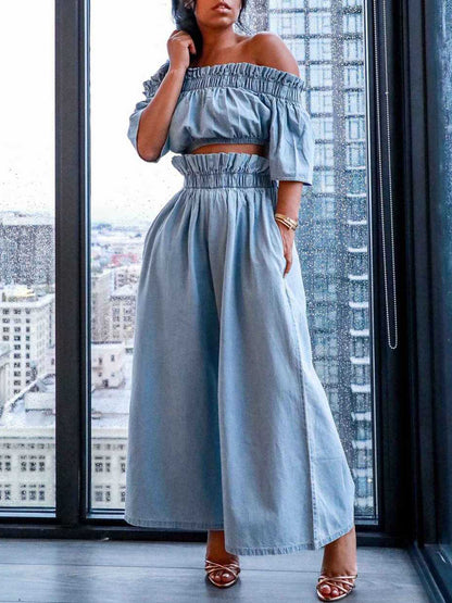 Off Shoulder Denim Top Wide Leg Pants Set