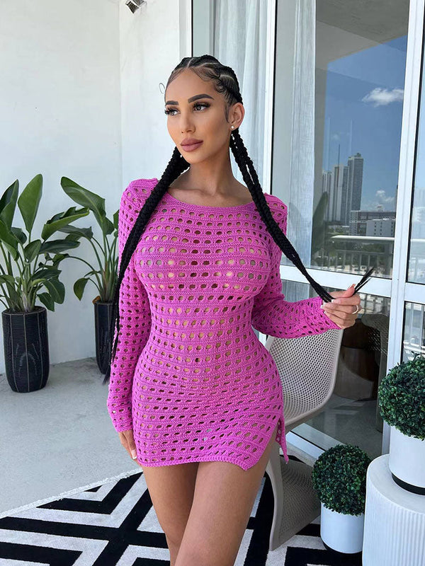 Long Sleeve Ribbed Knit Bodycon Hollow Out MIni Dresses