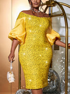 Off-Shoulder Puff Sleeves Sequin Midi Dress