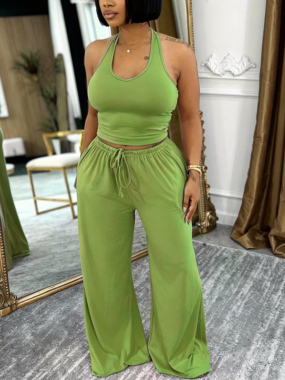 Halter Top Pocket Wide Leg Pants Set
