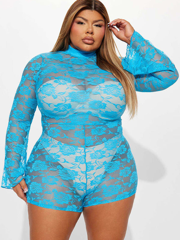 Floral Lace Mesh Long Sleeve Rompers