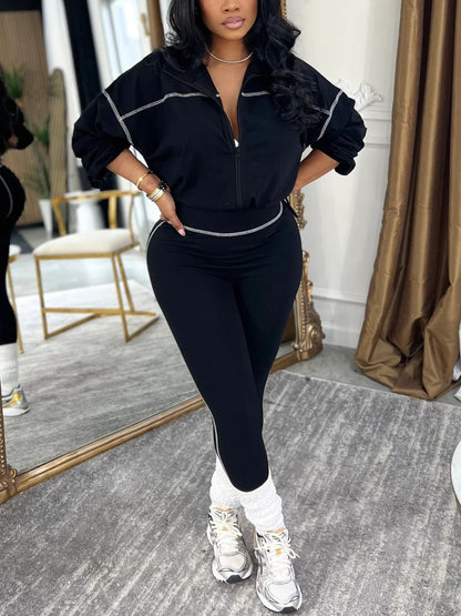 Solid Color Zip Top Leggings Set
