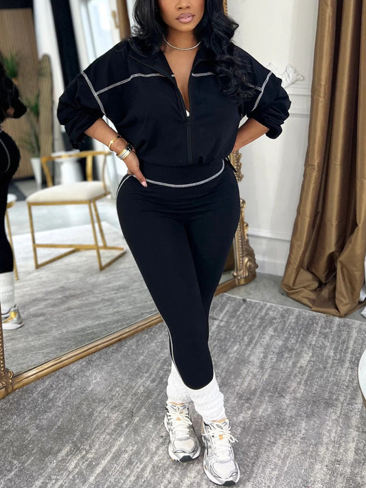 Solid Color Zip Top Leggings Set