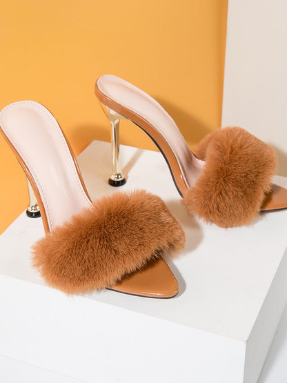Faux Rabbit Fur Stiletto High Heel Sandals