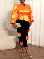 Plus Size Puff Sleeve Floral Skirt Set