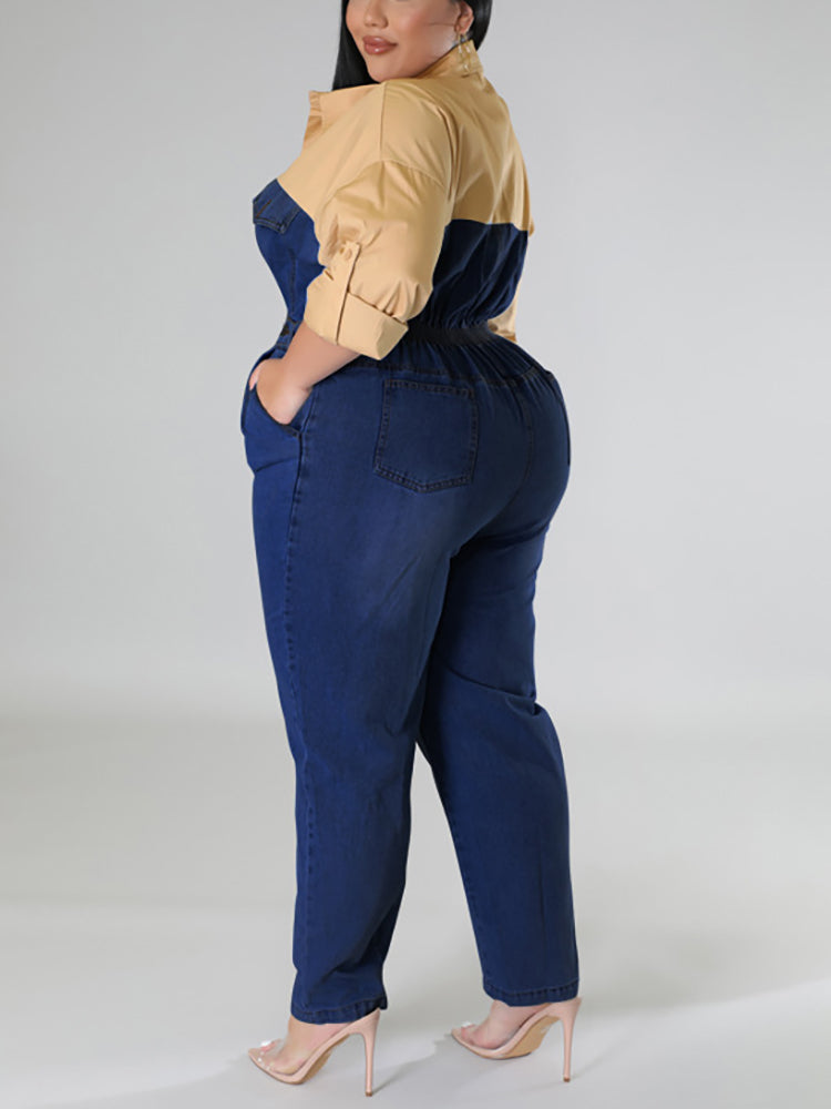Plus Size Color Block Denim Jumpsuit