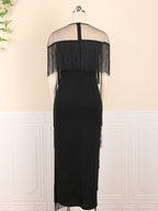 Plus Size Mesh Side Slit Tassel Fringe Dress