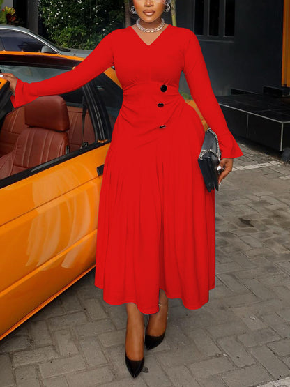 Plus Size V Neck Button Waist Maxi Dress