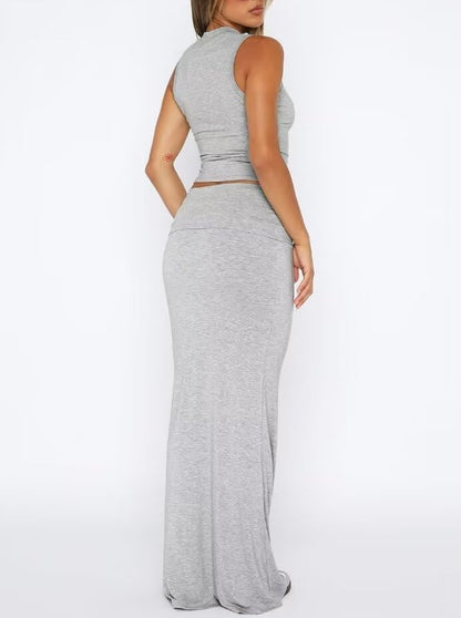 Two Piece Sleeveless Bodycon Top Ruched Skirt