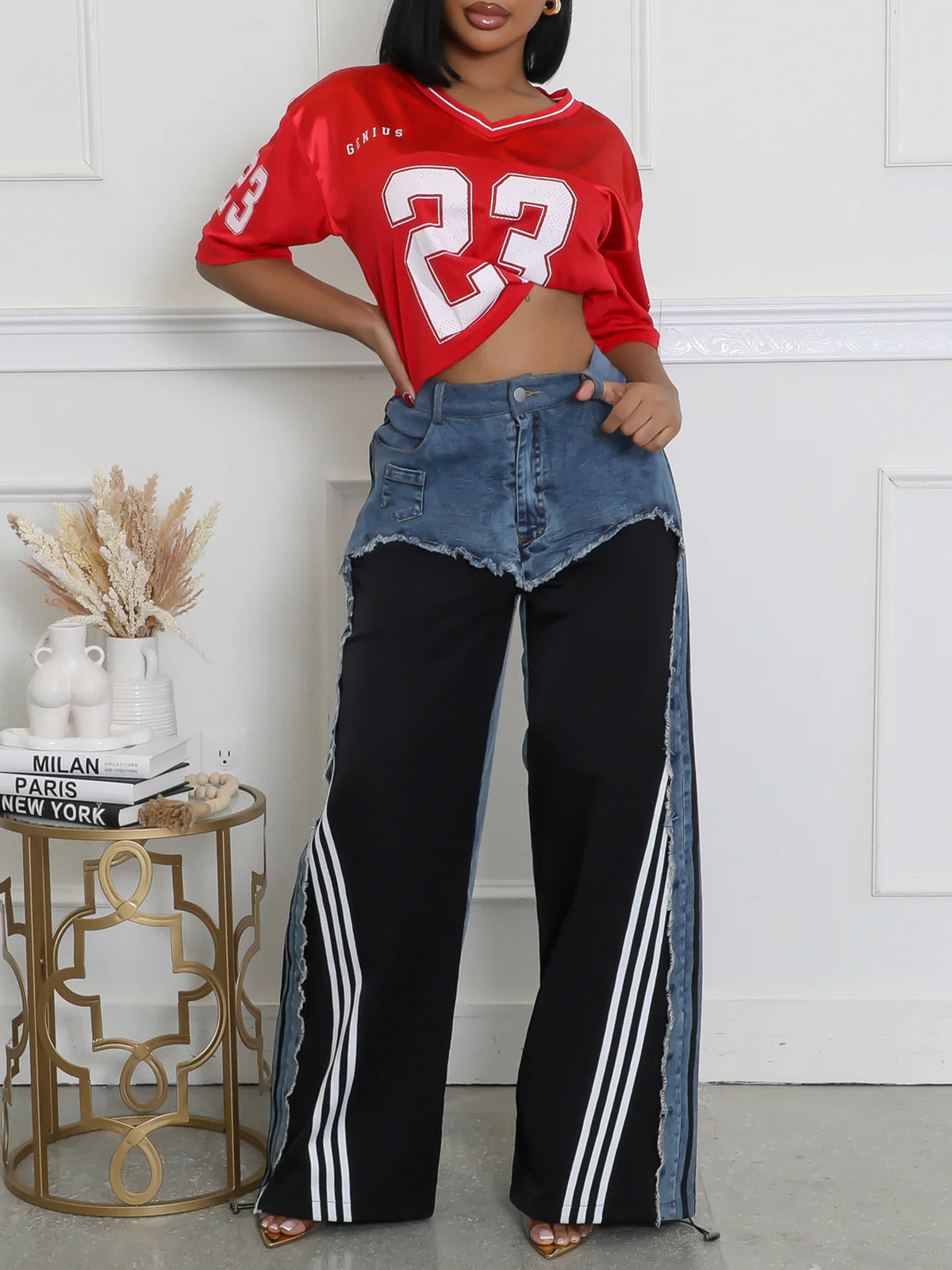 Stripe Patchwork Drawstring Denim Pants