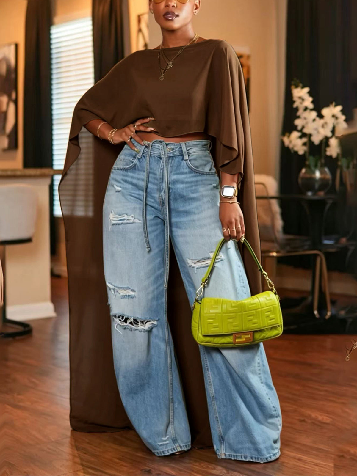 Mesh Batwing Sleeve Cloak Top