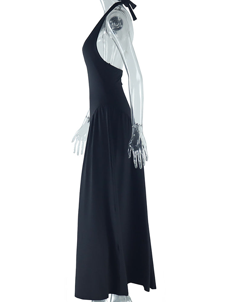 Elegant Halter Neck Solid Color Dress