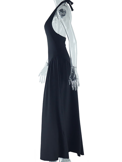 Elegant Halter Neck Solid Color Dress