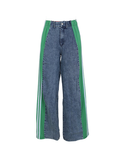 Patchwork Stripe Wide Leg Denim Pants