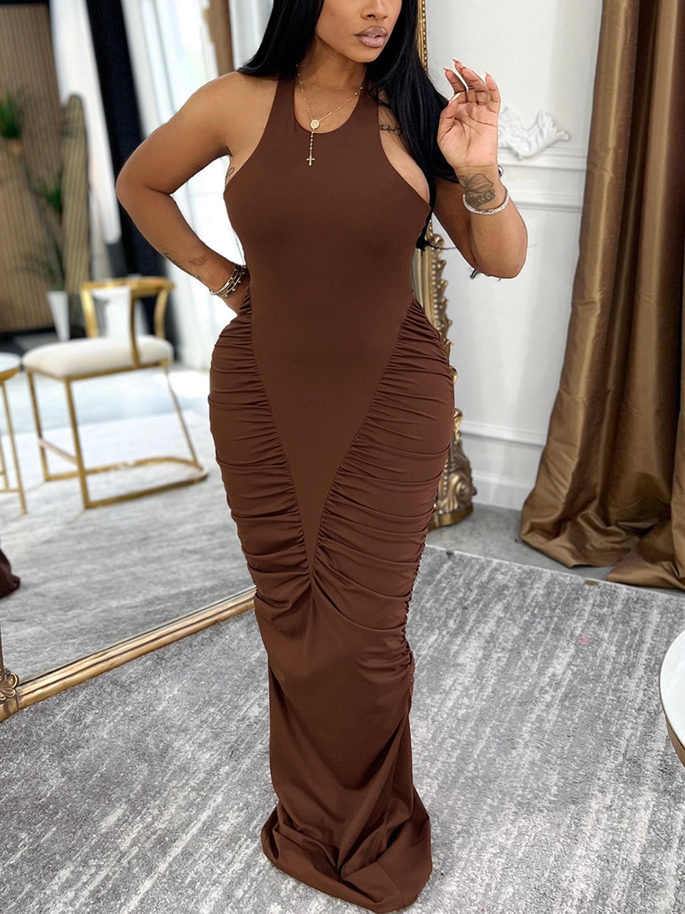Cutout Halter Backless Ruched Maxi Dress