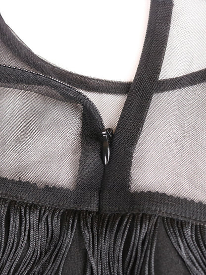 Plus Size Mesh Side Slit Tassel Fringe Dress