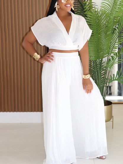 Solid Color Top Wide-Leg Pants Set