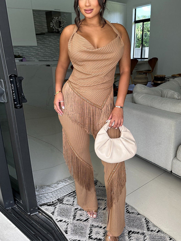 Two Piece Tassel Halter Tops Pants Sets