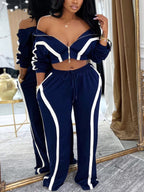 Color Block Stripe Zip Top Pants Set
