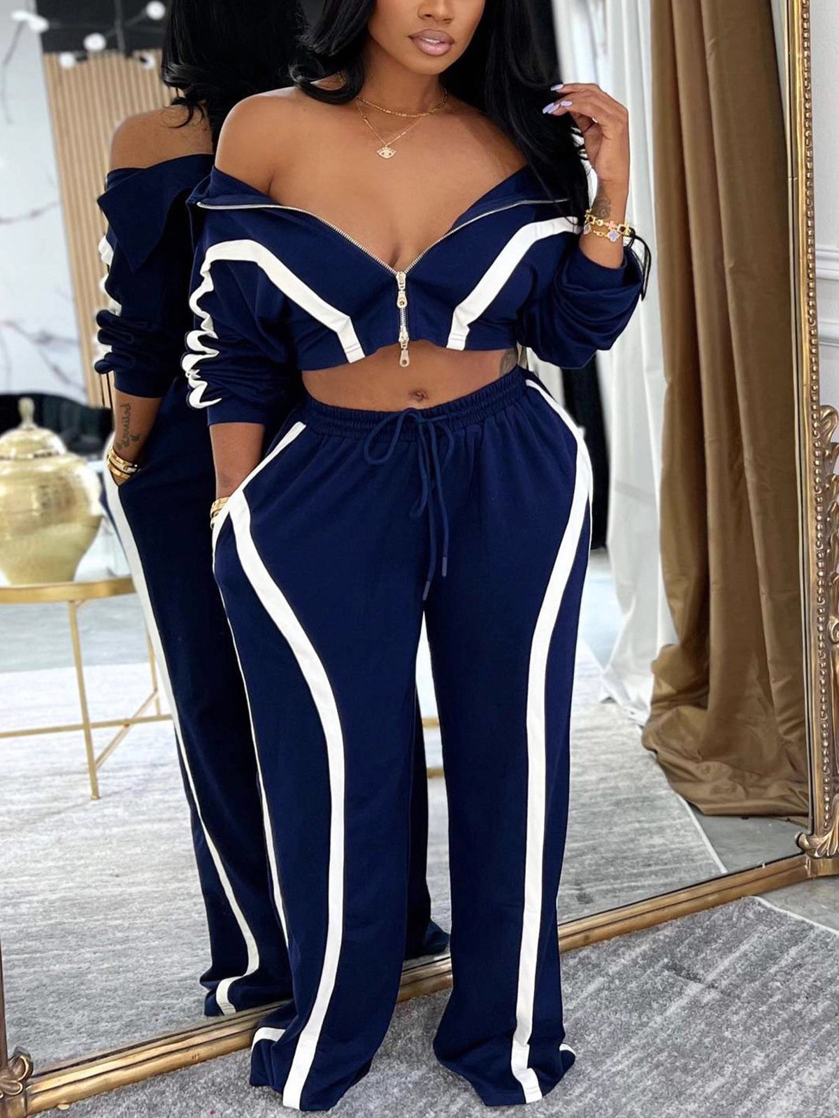Color Block Stripe Zip Top Pants Set