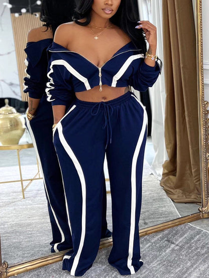Color Block Stripe Zip Top Pants Set