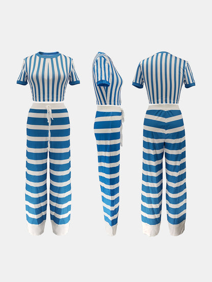 Two Pieces Striped Crop Top Wide Leg Pants