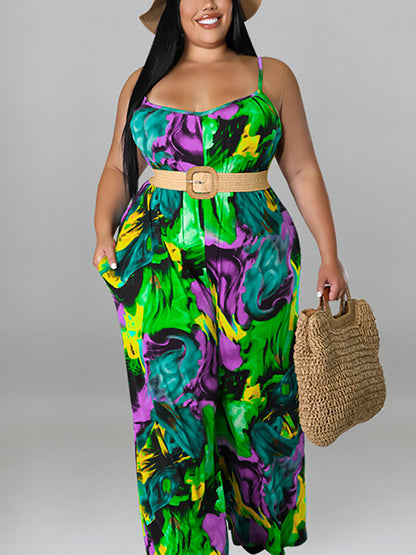 Plus Size Floral Print Strap Jumpsuit with Belt