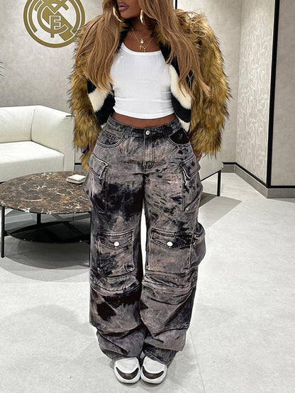 Multiple Pockets Washed Denim Cargo Jeans