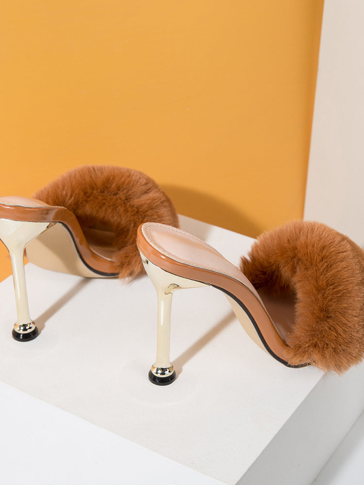 Faux Rabbit Fur Stiletto High Heel Sandals