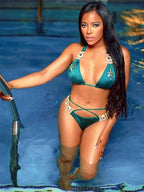 Two Piece Rhinestone Halter Bikini Swimsuit