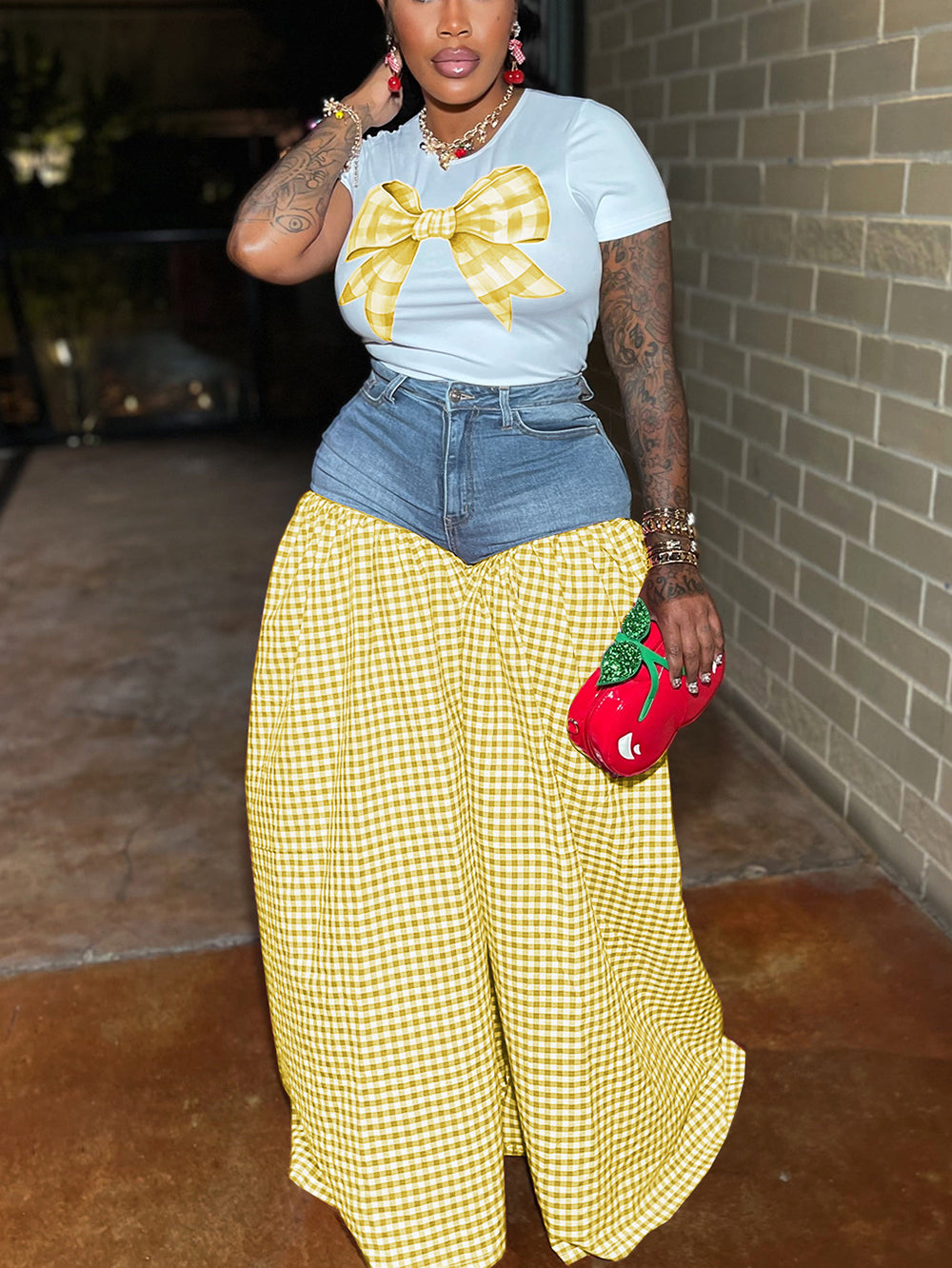 Bow Tie Print Top Denim Plaid Wide-Leg Pants Sets