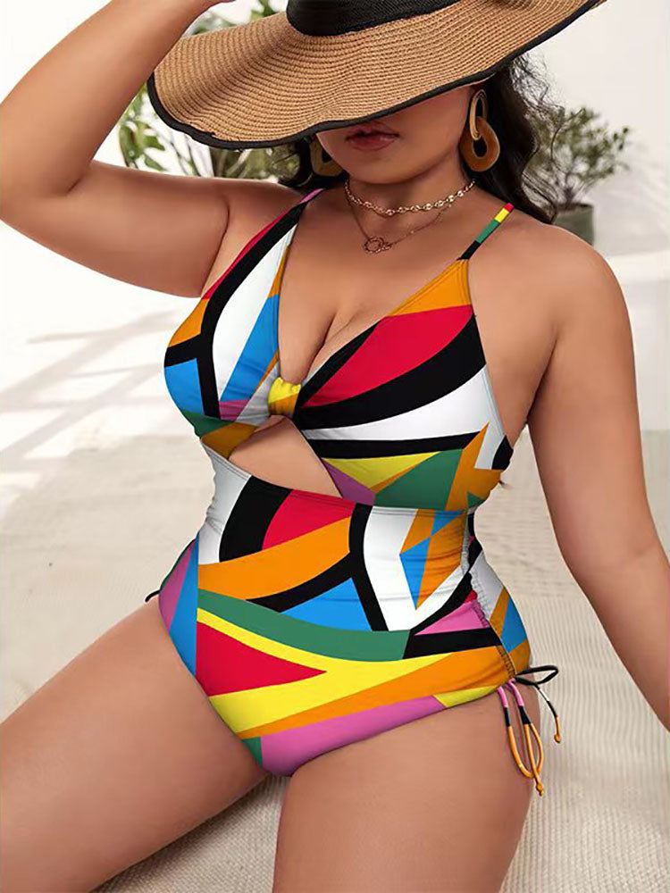 Plus Size Floral Print Backless Swimsuit