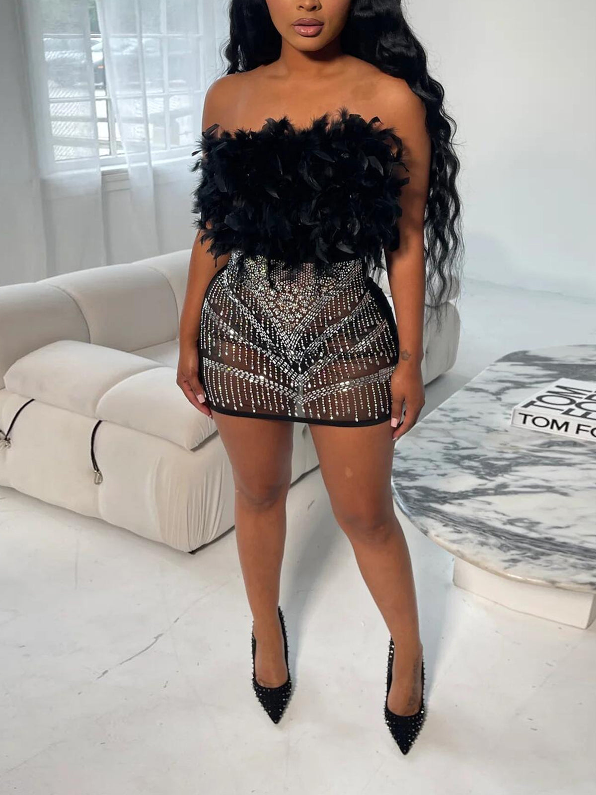 Feather Rhinestone Strapless Mini Dress