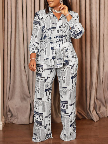 Newspaper Print Blazer Belted Pants Set