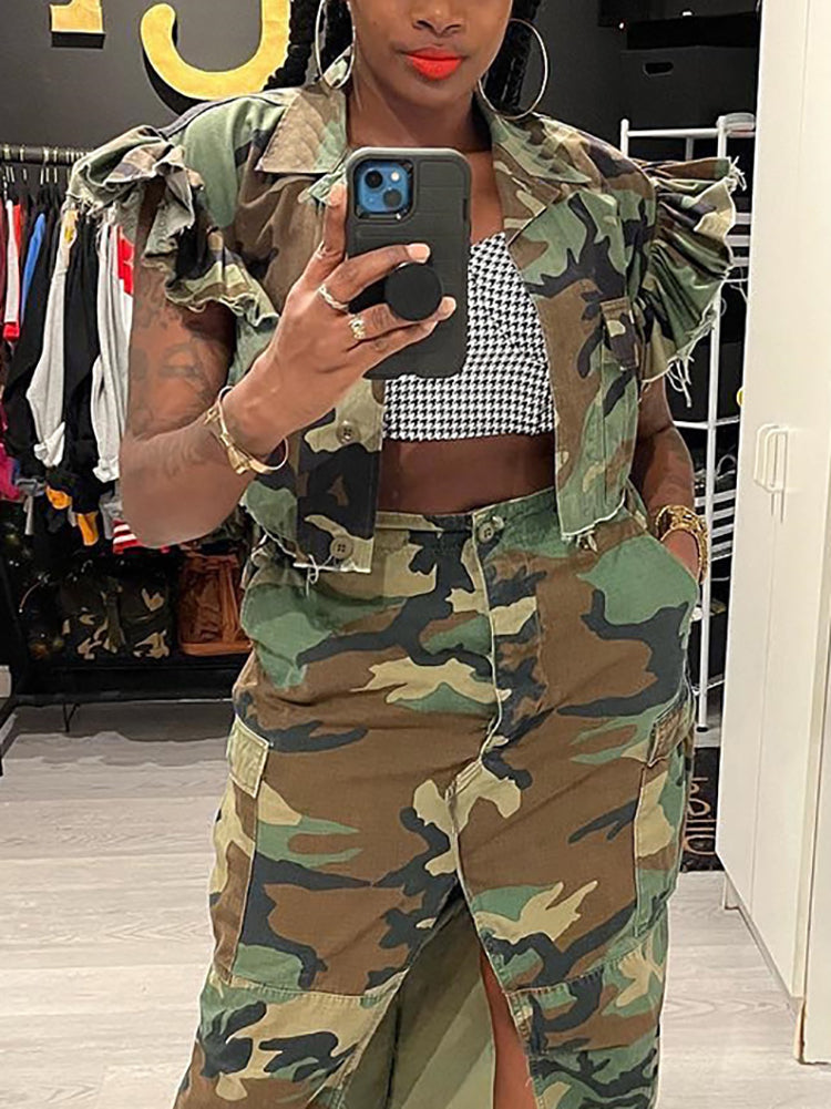 Camo Ruffle Sleeve Crop Utility Jacket