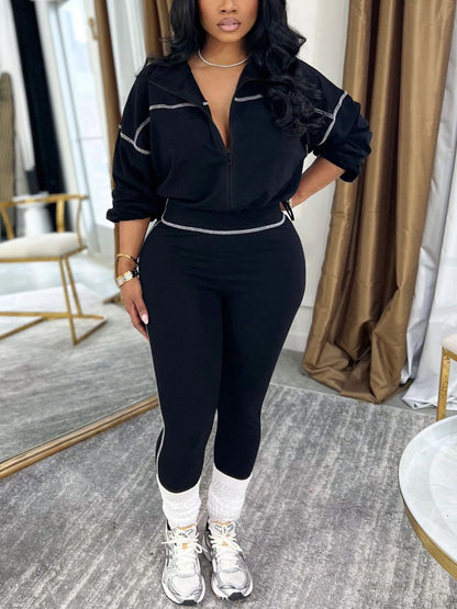 Solid Color Zip Top Leggings Set